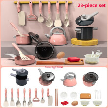 (Pink 28pcs) Childrens Toy Kitchen Playset With Fake Stove And Food Items For Fun Cooking