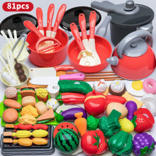 (Red 81pcs) Kitchen Toy Childrens Playset With Fake Stove And Food Items Cooking Fun For