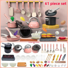 (Pink 61pcs) Toy Kitchen Childrens Playset With Fake Stove And Food Items For Cooking Fun