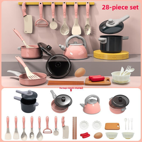 (Pink 28pcs) Toy Kitchen Childrens Playset With Fake Stove And Food Items For Cooking Fun