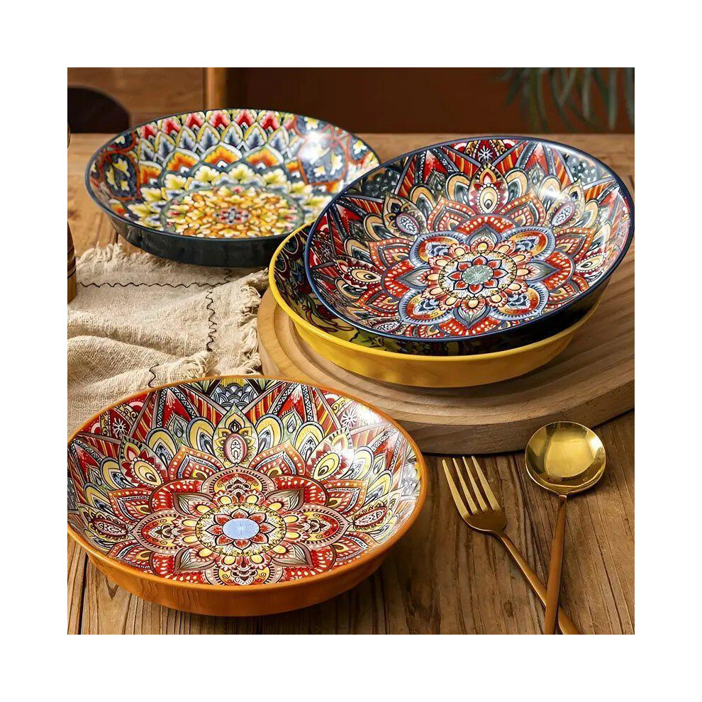 (8in/20.5cm, 4 Counts/set) Floral & Plants Pattern Ceramic Bowl Set, 4 Counts/set Colorful Ceramic Salad Bowl, Dishwasher & Microwave Safe Bowl-image-OPC-PHYBT2X-NEW