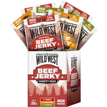 Wild West Beef Jerky - Variety Pack 12 x 25g (4 x Original, 4 x Honey BBQ, 4 x Jalapeno) Perfect Post Gym Meat Snack