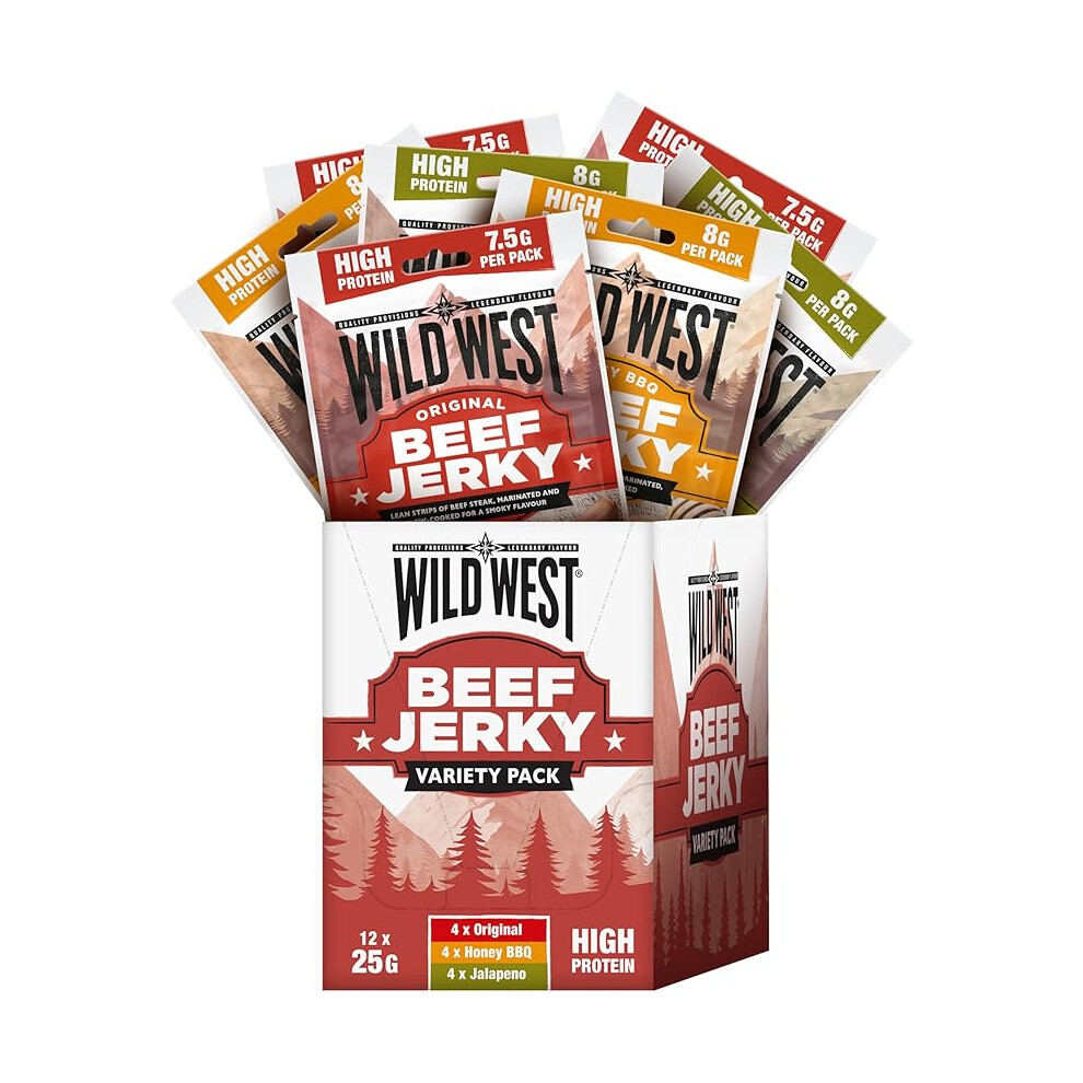 Wild West Beef Jerky - Variety Pack 12 X 25G (4 X Original, 4 X Honey Bbq, 4 X Jalapeno) Perfect Post Gym Meat Snack