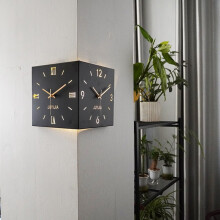 (Black) Modern Nordic Silent Wall Clock, Double-Sided Metal Corner Wall Clock, Elegance Decorative Art Corner Wall Clocks, Living Room Wall Clock