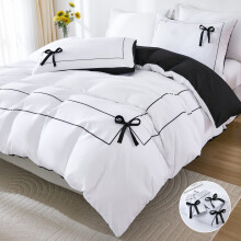 (Black And White Color, single(135cm*200cm)) 3pcs January 85G Chemical Fiber Polyester Double Back Frame Plus Surface Black Bow Tie Digital Printing Quilt Cover Set, Bedding