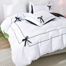 (Black And White Color, super king(260cm*220cm)) 3pcs January 85G Chemical Fiber Polyester Double Back Frame Plus Surface Black Bow Tie Digital Printing Quilt Cover Set, Bedding