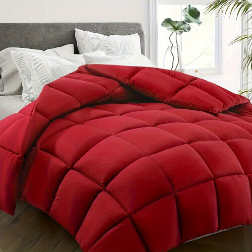 (Red, 229cm*229cm) 1pc Solid Color Square Comforter, Ultralight Warmth polyester Bedding Comforter For All Season, Soft Comfortable Comforter