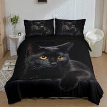 (BlackEJBTTAA002, 203cm*229cm) 3pcs Duvet Cover Set (1*Duvet Cover 2*Pillowcase, Without Core), Fashion 3D Black Cat Print All Season Bedding Set, Soft Comfortable