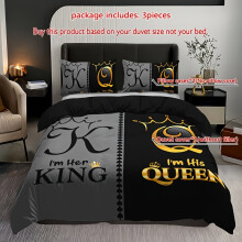 (Multicolor, king(230cm*220cm)) King & Queen Crown Themed Duvet Cover Set - 3pcs Polyester Bedding Set with Digital Print, 1 Comforter Cover & 2 Pillow Shams,