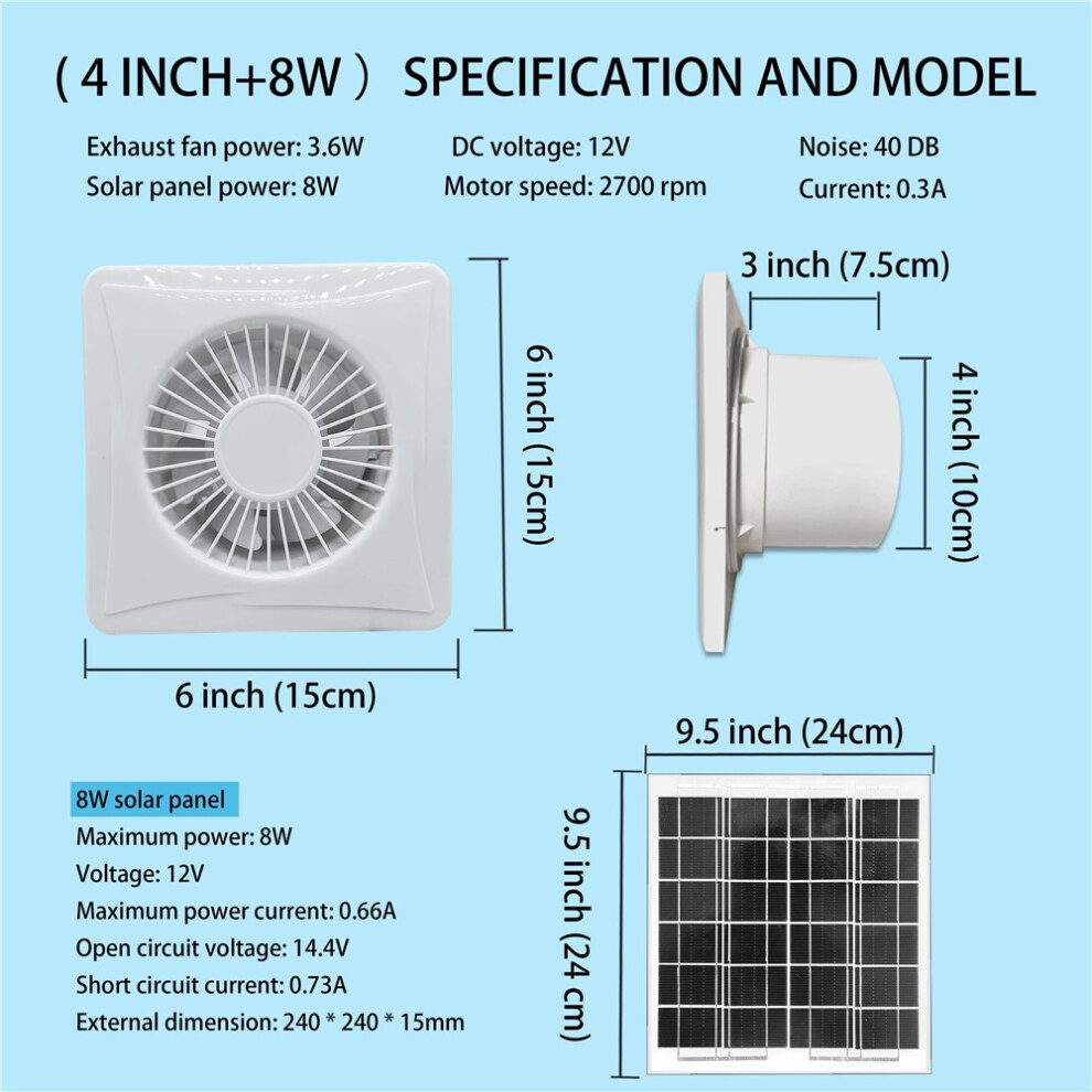 (10.16Cm Fan 8W Solar Panel) Solar Powered Exhaust Fan, 17W/8W/6W, Quiet Operation, Low Noise, High-Efficiency Air Circulation,No Battery Required 9009412779390