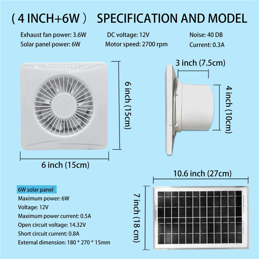 (10.16Cm Fan 6W Solar Panel) Solar Powered Exhaust Fan, 17W/8W/6W, Quiet Operation, Low Noise, High-Efficiency Air Circulation,No Battery Required 9009412779383