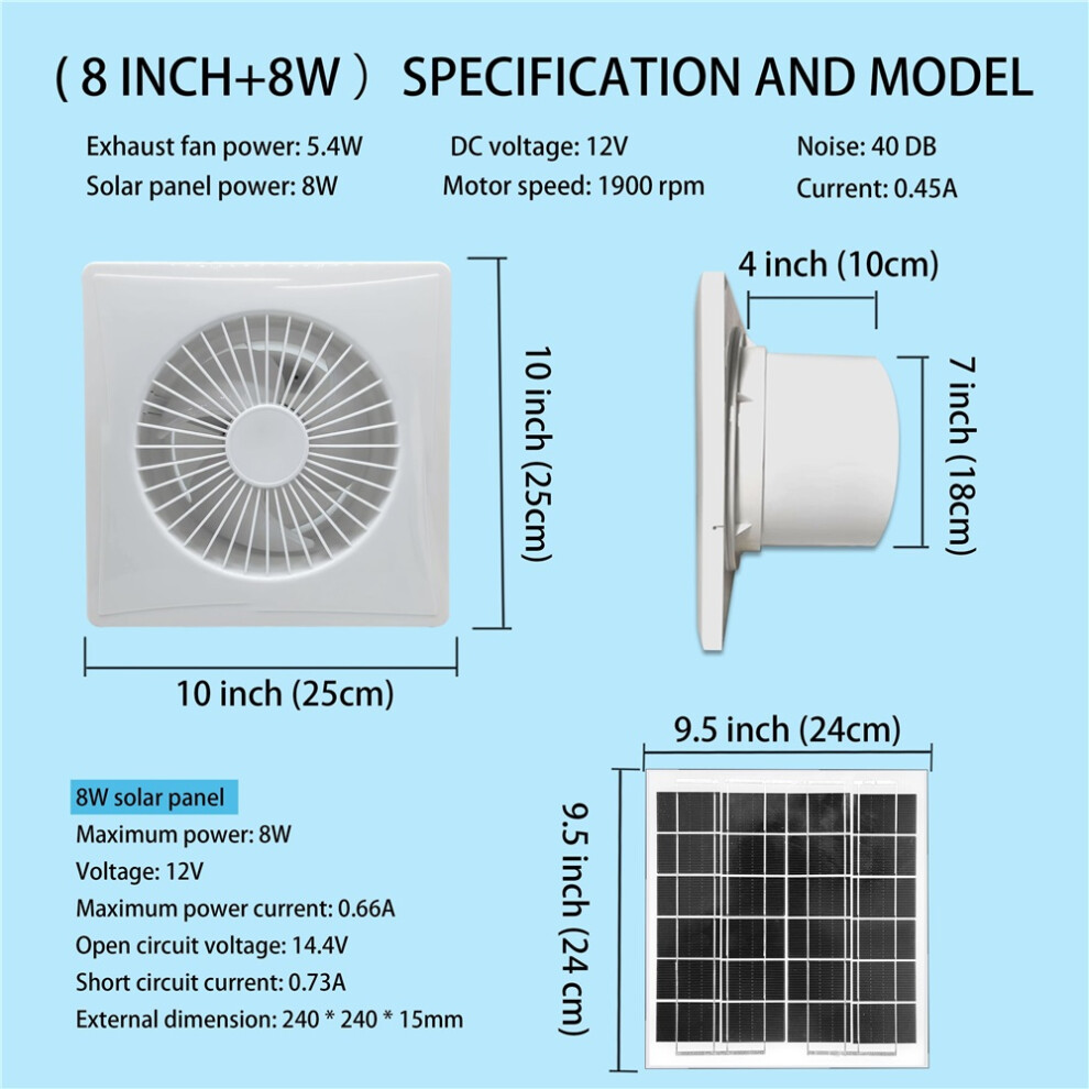 (20.32Cm Fan 8W Solar Panel) Solar Powered Exhaust Fan, 17W/8W/6W, Quiet Operation, Low Noise, High-Efficiency Air Circulation,No Battery Required 9009412779444
