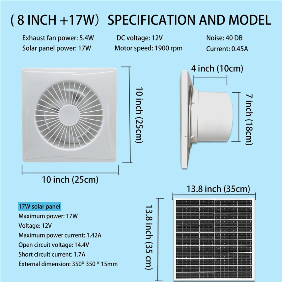 (20.32Cm Fan 17W Solar Panel) Solar Powered Exhaust Fan, 17W/8W/6W, Quiet Operation, Low Noise, High-Efficiency Air Circulation,No Battery Required 9009412779420