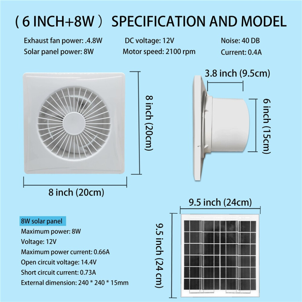 (15.24Cm Fan 8W Solar Panel) Solar Powered Exhaust Fan, 17W/8W/6W, Quiet Operation, Low Noise, High-Efficiency Air Circulation,No Battery Required 9009412779413