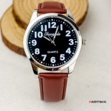 (Brown, silver, black) Fashionable new men's luminous leather strap watch with large digital quartz wristwatch