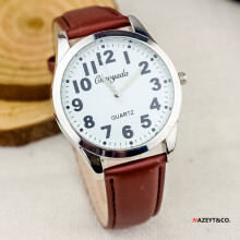 (Brown, silver and white) Fashionable new men's luminous leather strap watch with large digital quartz wristwatch