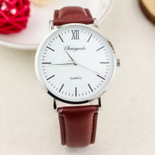 (Brown, silver and white) Fashionable men's waterproof leather strap watch, simple style quartz electronic watch, trendy wristwatch