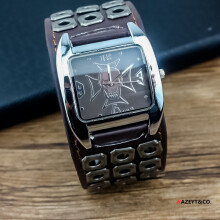 (brown) Retro men's leather strap skull watch with a large dial and a large pitted leather strap square wristwatch