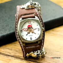 (brown) Retro commemorative leather strap wristwatch, men's pirate creative chain sports watch, trendy punk quartz watch