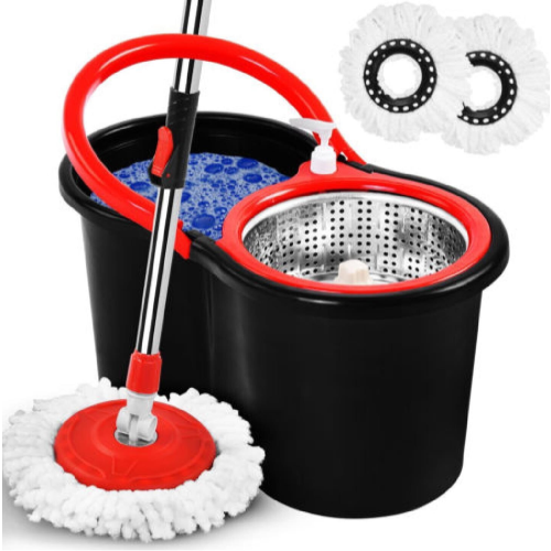 360° FLOOR MAGIC SPIN MOP BUCKET SET MICROFIBRE ROTATING  WITH 2 HEADS
