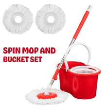 360° Spin Mop Bucket Set Plastic Wringer 2 Refill Microfibre Mop