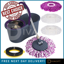 GREY MOP BUCKET SET MICROFIBER WITH 4 MOP HEADS SPACE SAVING NEW 360 FLOOR SPIN