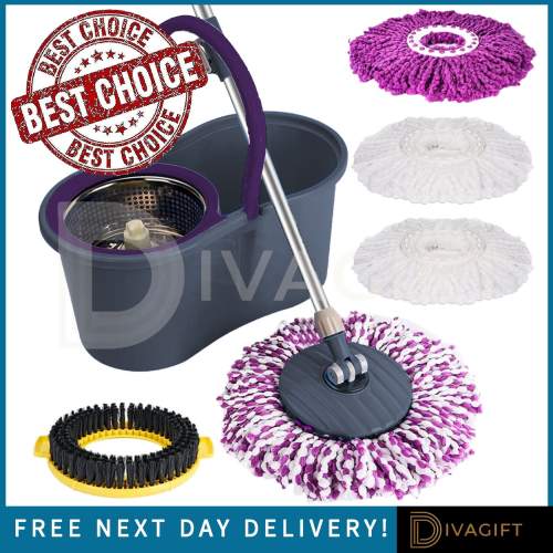 GREY MOP BUCKET SET MICROFIBER WITH 4 MOP HEADS SPACE SAVING NEW 360 FLOOR SPIN