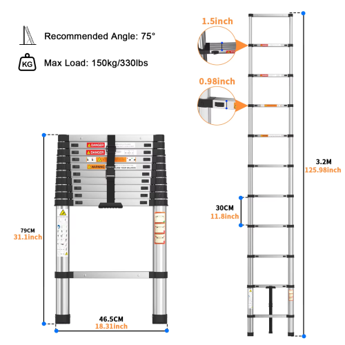 (10.5FT-3.2M)Telescopic Ladder Stainless Steel,load 150kg, Convenient Extendable