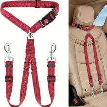(Red) Essential Pet Accessory! Dual-Head Dog Car Seat Belt with Adjustable Splitter – Safe Travel for 2 Dogs on the Go!