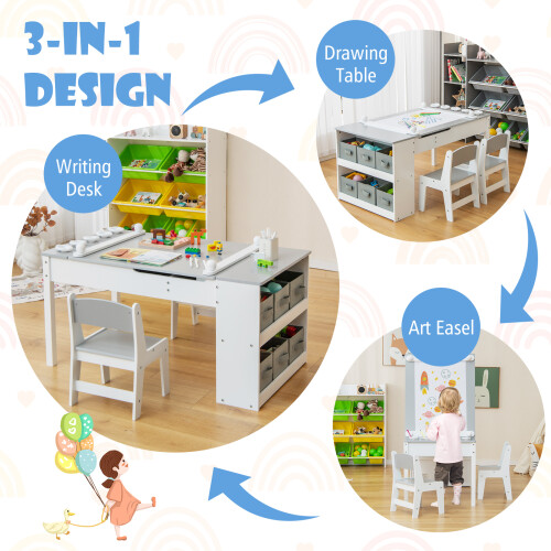 Costway 3-in-1 Kids Art Table and Art Easel Set with Chairs 2