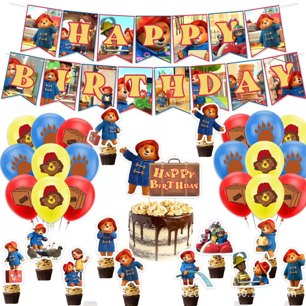 Birthday Bear Party Decor Set Banner Cake Toppers Flag Pull Balloons