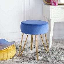 Home Collection Abrea Steel Blue Velvet and Gold Round Ottoman