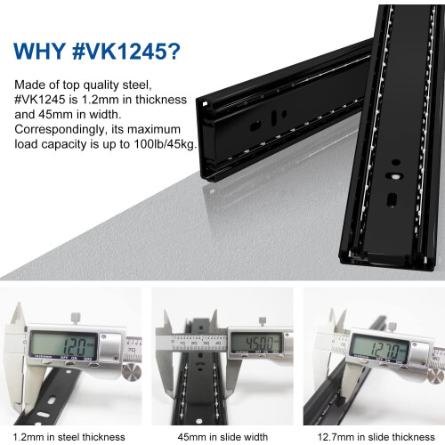 16' Soft Close Drawer Slide, VK1245, 3Fold Full Extension, Self Silent Closing, 100lb 1