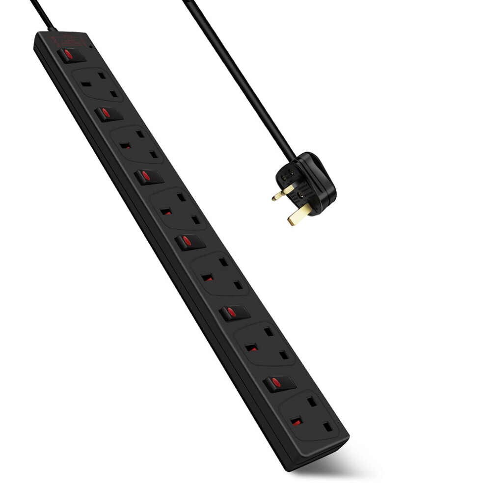 (2M) 6 Way Socket with Cable 3G1.25, Black, with Indicate Light, Individual Switch, Child-Resistant Sockets, Surge Indicator