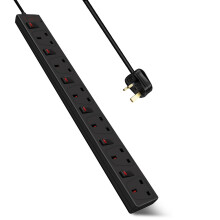 (3M) 6 Way Socket with Cable 3G1.25, Black, with Indicate Light, Individual Switch, Child-Resistant Sockets, Surge Indicator