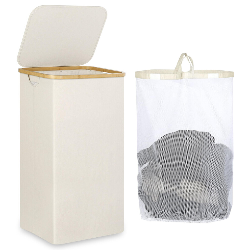 Laundry Basket with Lid, 110L Large Laundry Hamper with Handle and Lid, Collapsible Beige