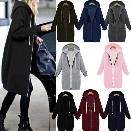 (S, Light gray) Women s long hooded zipper windbreaker jacket 1