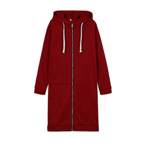 (S,burgundy)Women s long hooded zipper windbreaker jacket