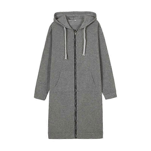 (M, Light gray) Women s long hooded zipper windbreaker jacket