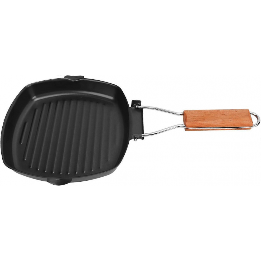 Steak Frying Pan, Wooden Handle Portable Folding Frying Pan Fine Workmanship Cast Iron Anti-Scald with Oil Leakage Hole for Dining Room-image-OPC-PHYGY27-NEW