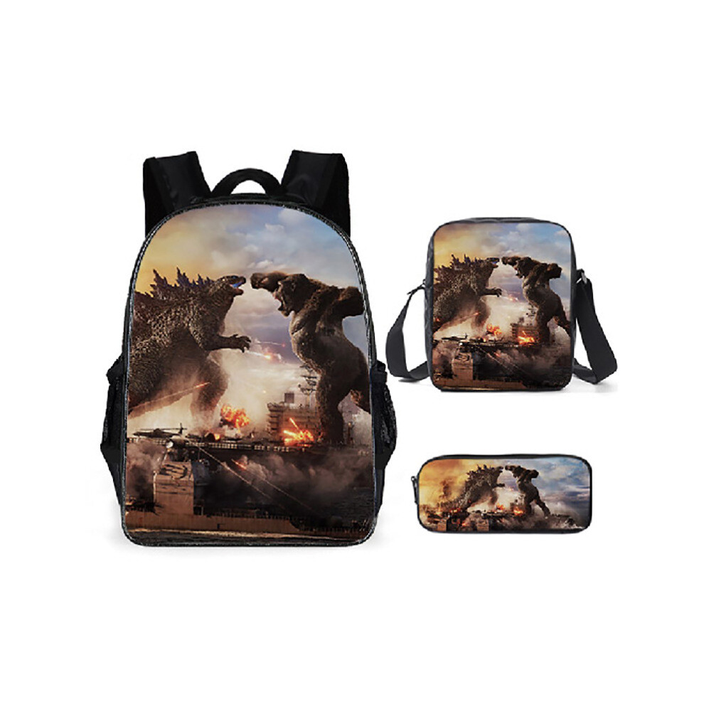 (Style -01) 3pcs Cartoon Anime Godzilla Shoulder Bag Pencil Case Kids School Pack Students Boys Bookbag