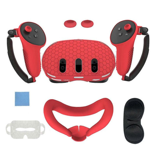 (Red)7pcs Set Vr Accessories For Oculus/meta Quest 3, Front Headset Protector Cover, Controller Grips Cover, Lens Cover, Face Pad, Joystick Caps