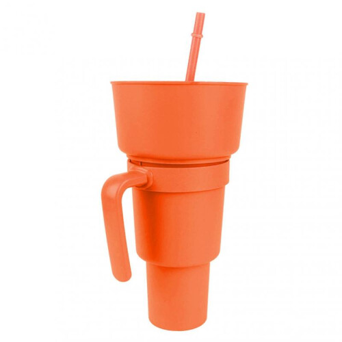 Multi-Purpose Snack Holder Cup Popcorn Snack Tumbler with Handle Detachable Compartments Durable Plastic Material Orange White Box Packagin
