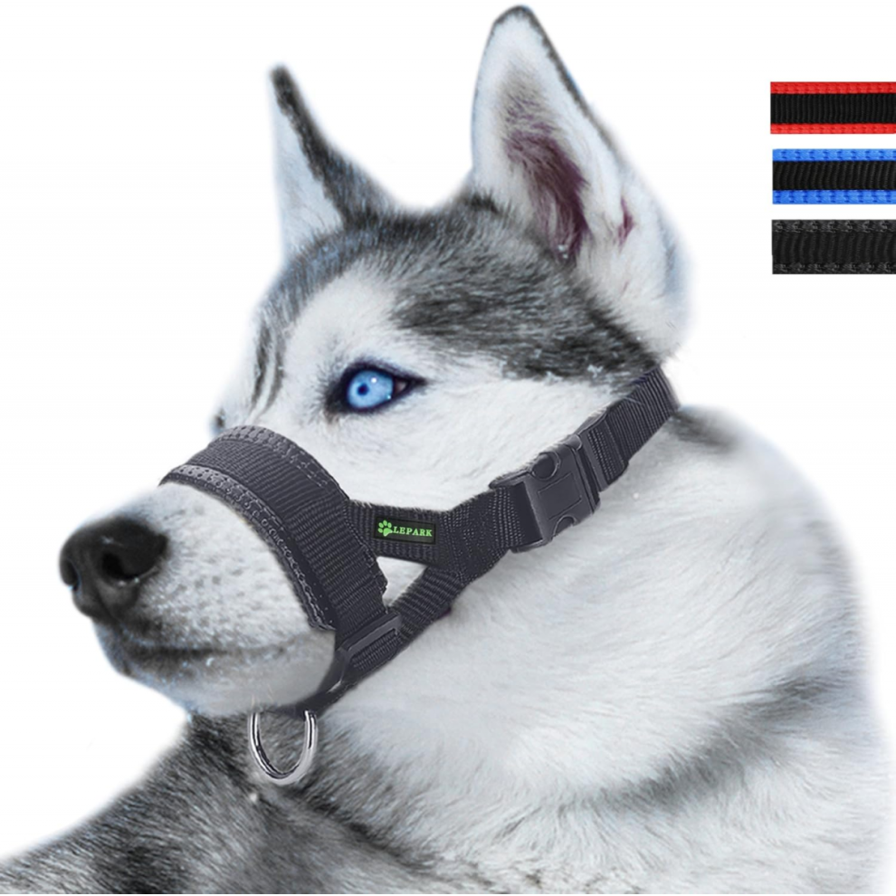 Muselière pour chien avec sangle de tête empêchant les pattes de s'envoler, pour petits, moyens et grands chiens, taille S noir-01