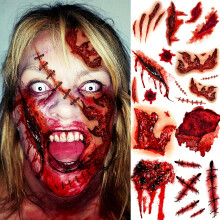 (9 Sheets In One Package) 9 Sheets Realistic Scary Bloody Injury Fake Scar Temporary Tattoos,Long Lasting Fake Face Tattoo Sticker Horrible Halloween Costume