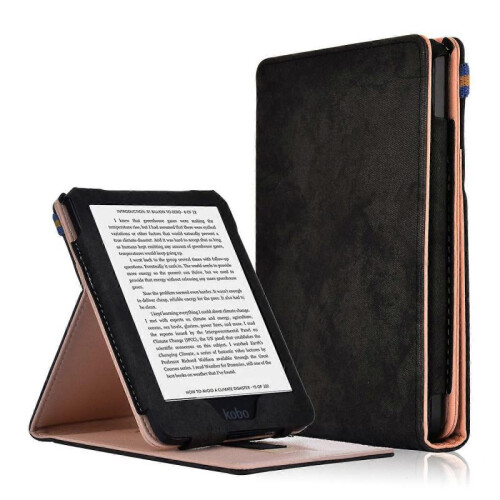 Auto-wake/sleep Vertical PU Leather Stand Case with Hand Strap for Kobo Clara HD (2018) - Black