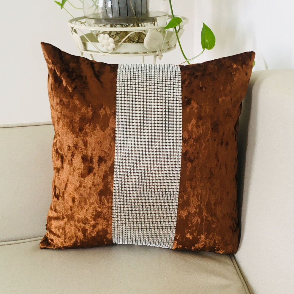 (BROWN, 45*45cm) New Diamante Crushed Velvet Sparkle Bling Cushion Cover and Table Runner-image-OPC-PHYJ59M-NEW