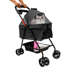 Pet Stroller 4 Wheels, Cat Dog Cage Stroller, Foldable Carrier Strolling Cart, Foldable Puppy Stroller with Storage Basket and Cup Holder, Black