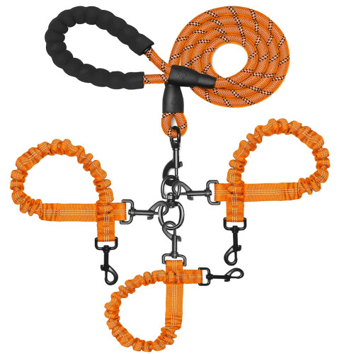3 Dog Leash No Tangle, Multiple Dog Lead Shock Absorbing Bungee with Padded Handle