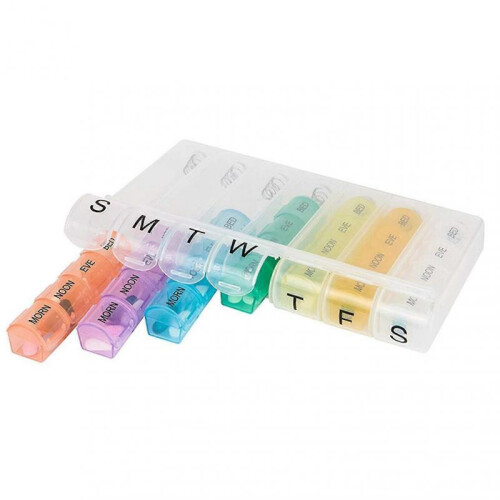 Box Container 7 Days Portable Pill Boxes 28 Grids Color Coded Date Printed 2
